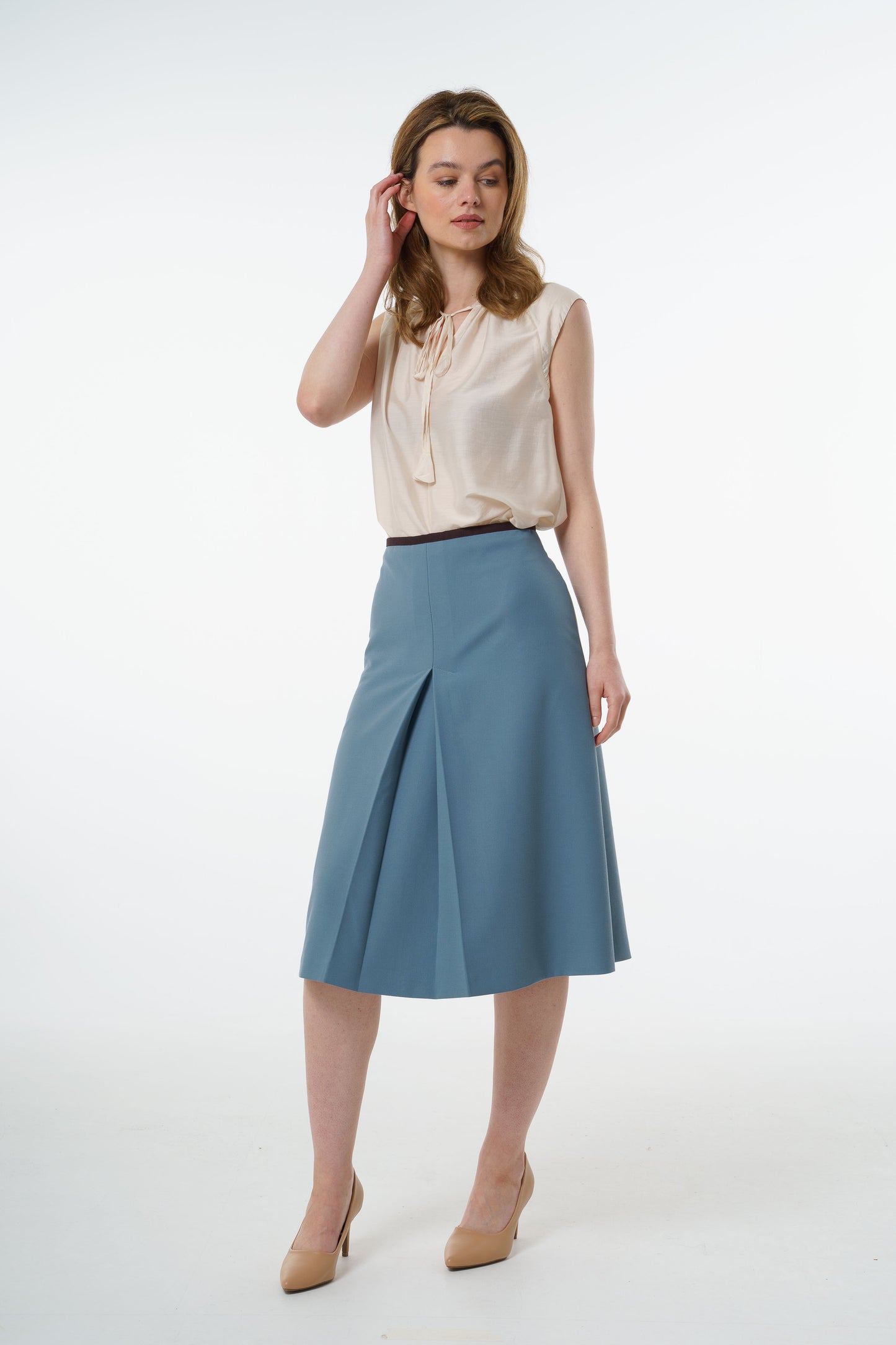 Tailored Mid-Waisted A-Line Midi Skirt in Powder Blue