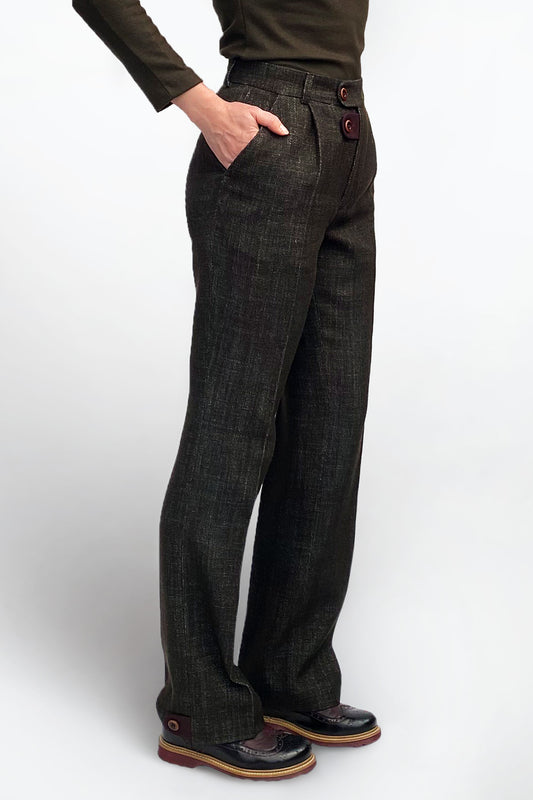 High-Waisted Wool-Cotton Blend Tailored Trousers