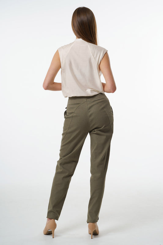 Olive high‑waisted stretch denim trousers with sculpted seam lines and tailored fit, worn by a model, back studio view.