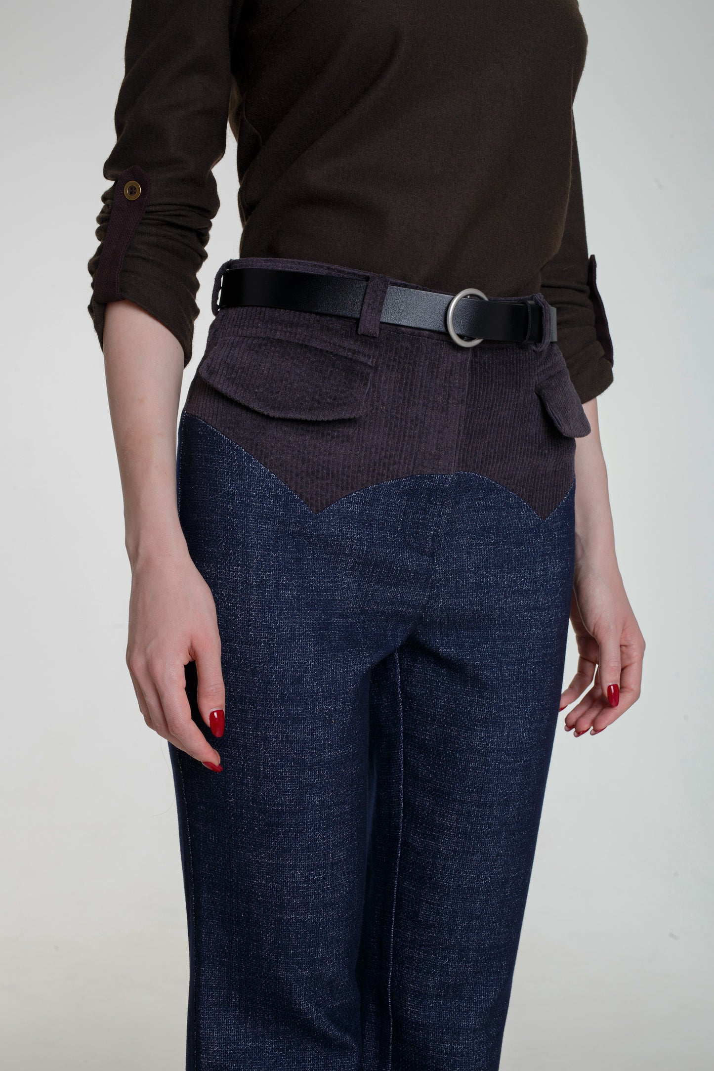 Contrast Yoke Wool Denim Straight Leg Trousers