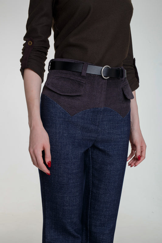 Contrast Yoke Wool Denim Straight Leg Trousers