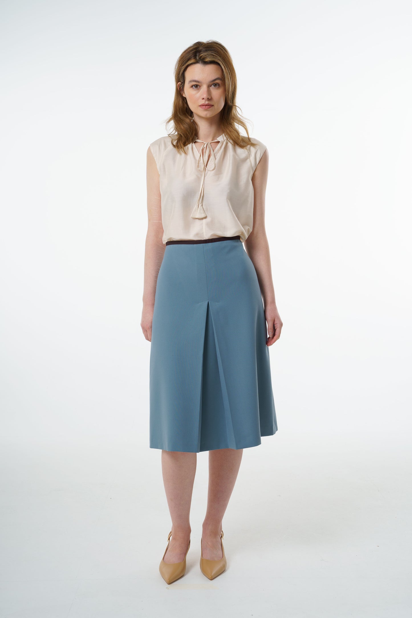 Tailored Mid-Waisted A-Line Midi Skirt in Powder Blue