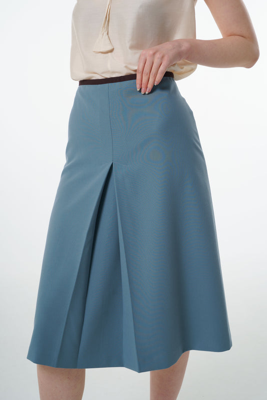 Tailored Mid-Waisted A-Line Midi Skirt in Powder Blue