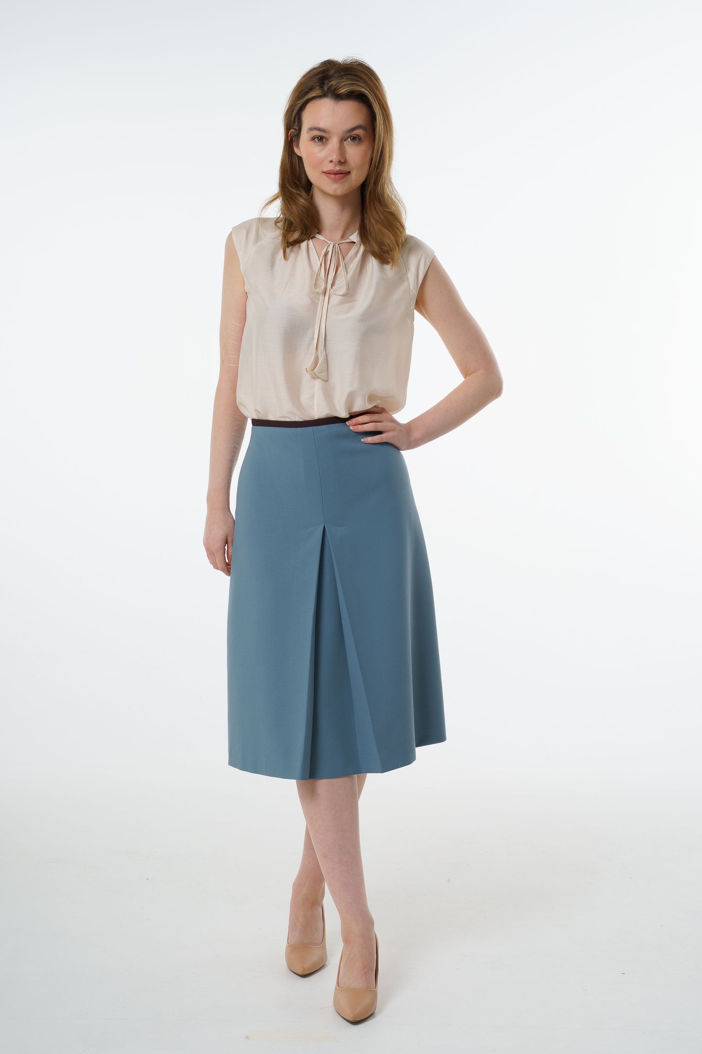 Tailored Mid-Waisted A-Line Midi Skirt in Powder Blue