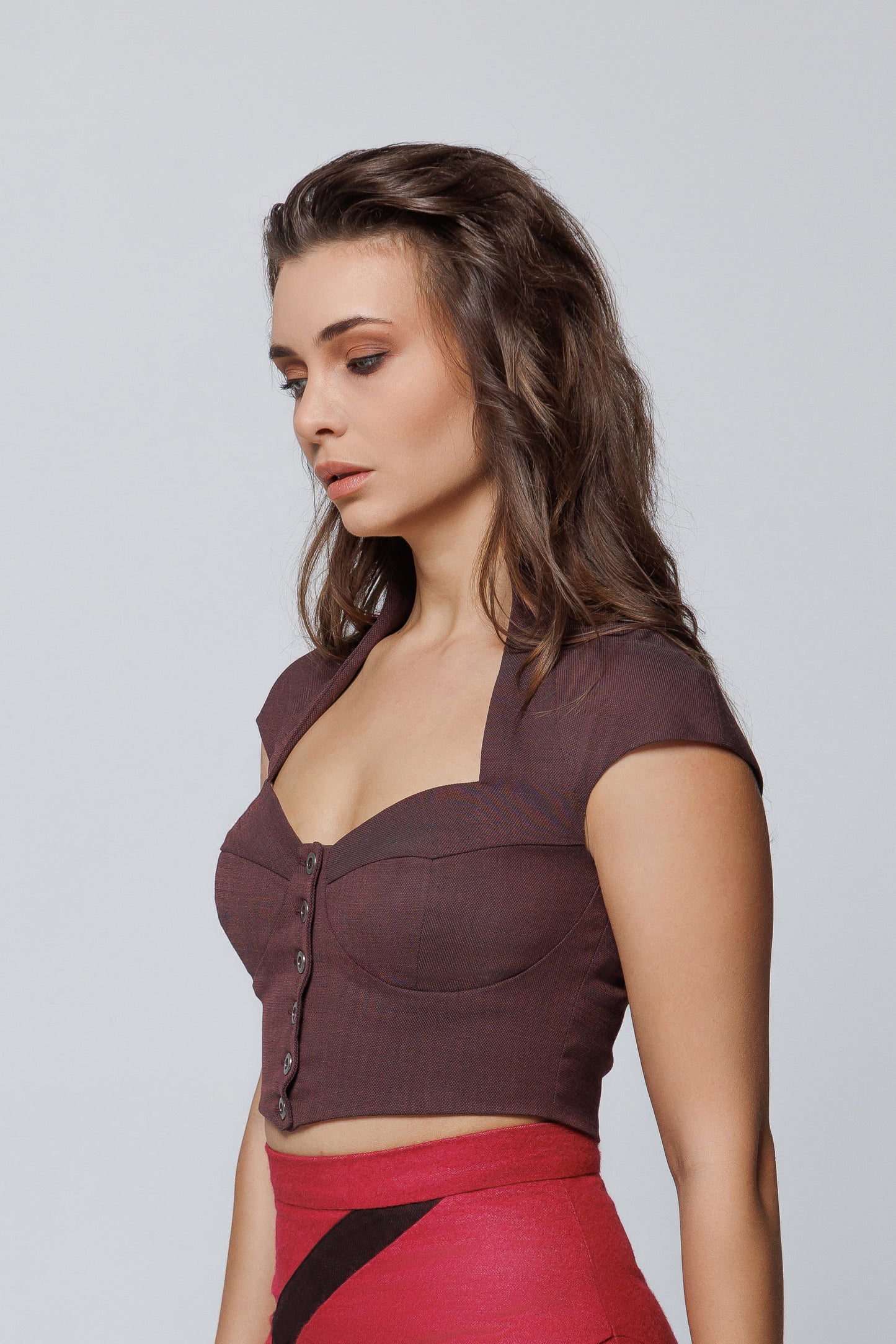 Structured Cupped Crop Top in Wool-Blend with Metallic Button Front