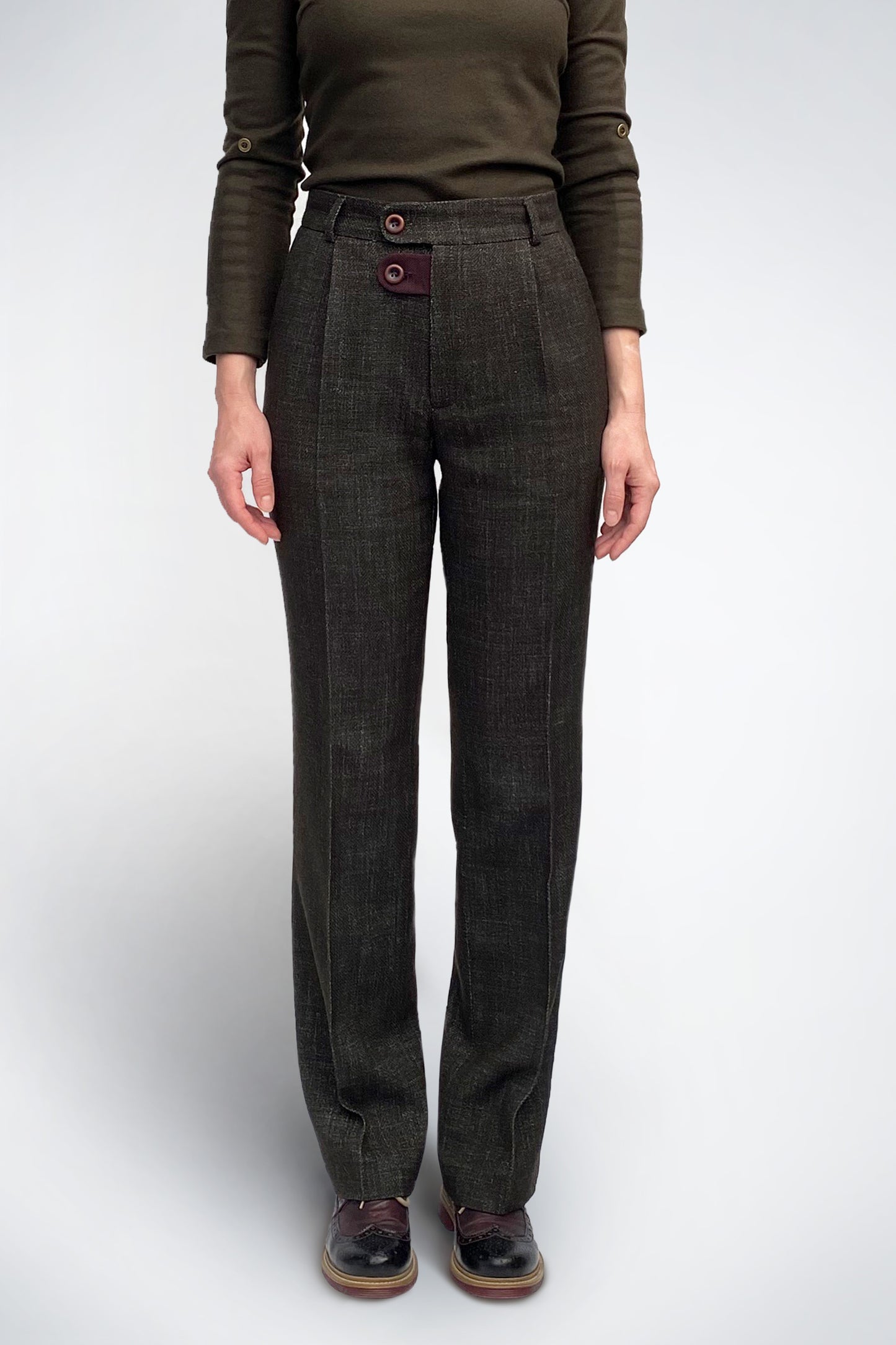 High-Waisted Wool-Cotton Blend Tailored Trousers