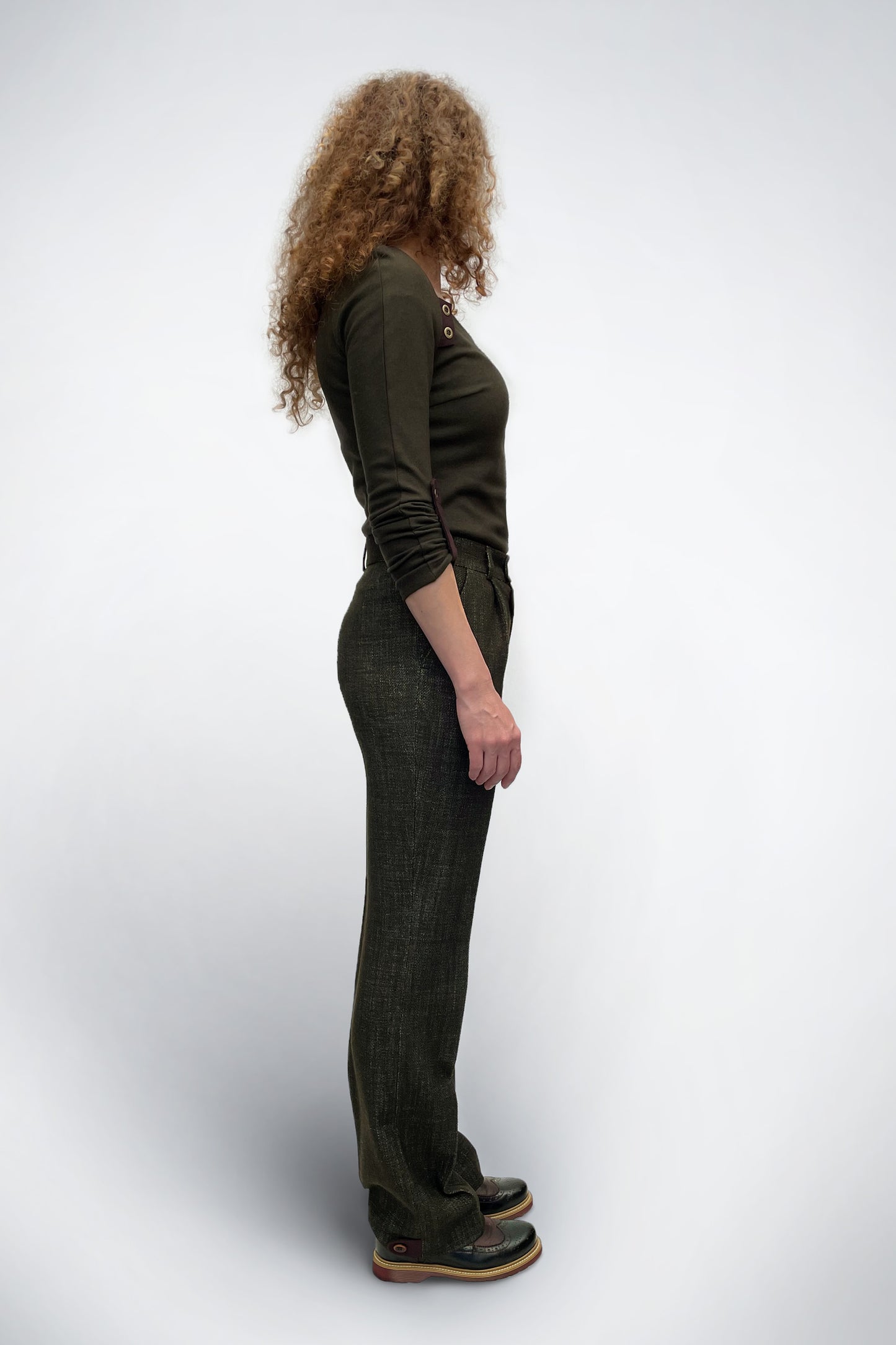 High-Waisted Wool-Cotton Blend Tailored Trousers
