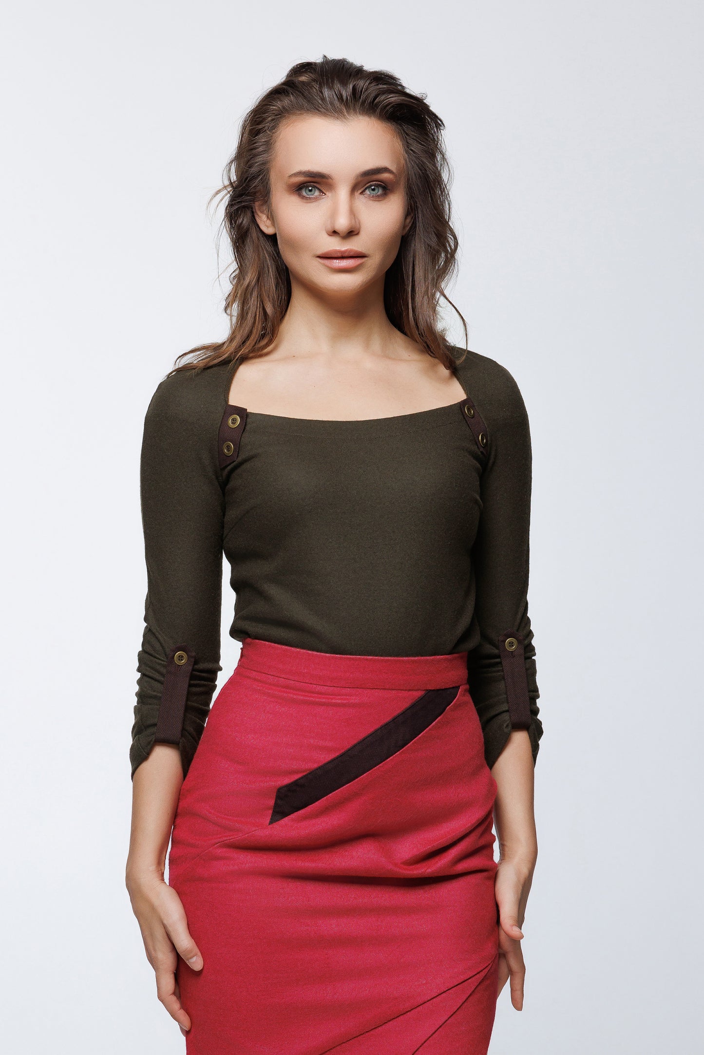 Wool Jersey Top with Button Accents and Sculpted Neckline