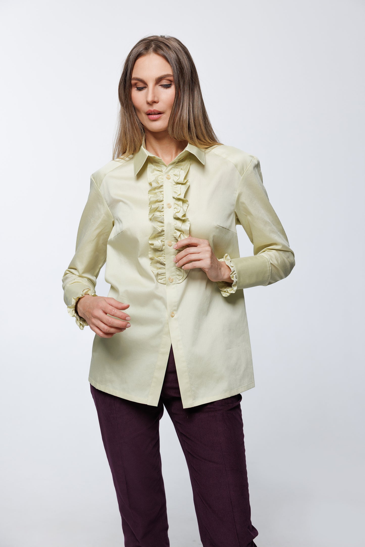 Gold Green Sateen Cotton Blouse with Ruffle Front and Buttoned Cuff