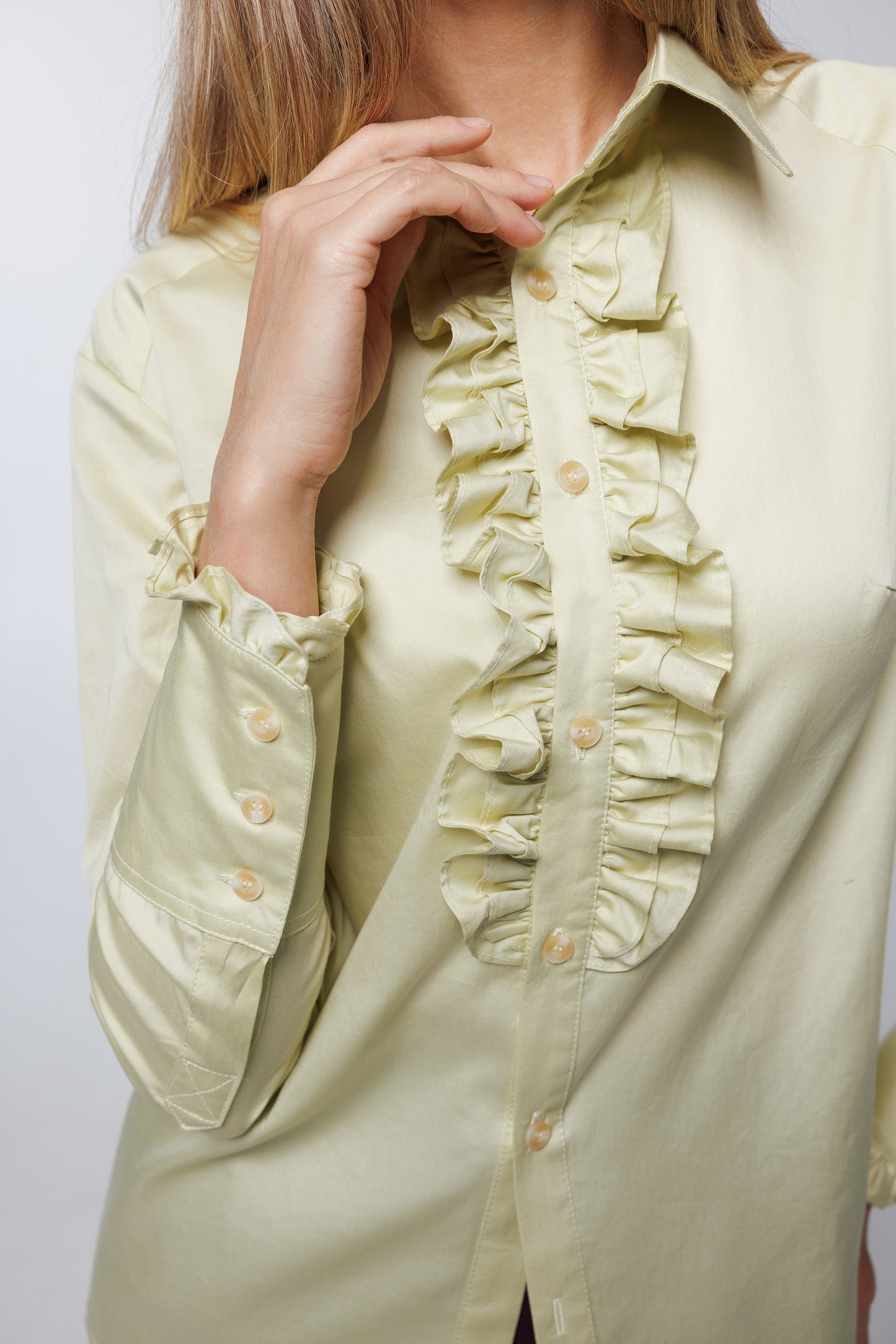 Gold Green Sateen Cotton Blouse with Ruffle Front and Buttoned Cuff