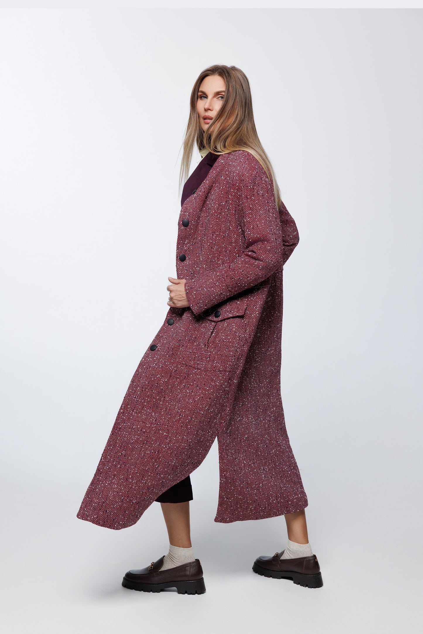 Tweed Midaxi Coat with Stand-Up Collar, Flap Patch Pockets, and Drawstring Waist