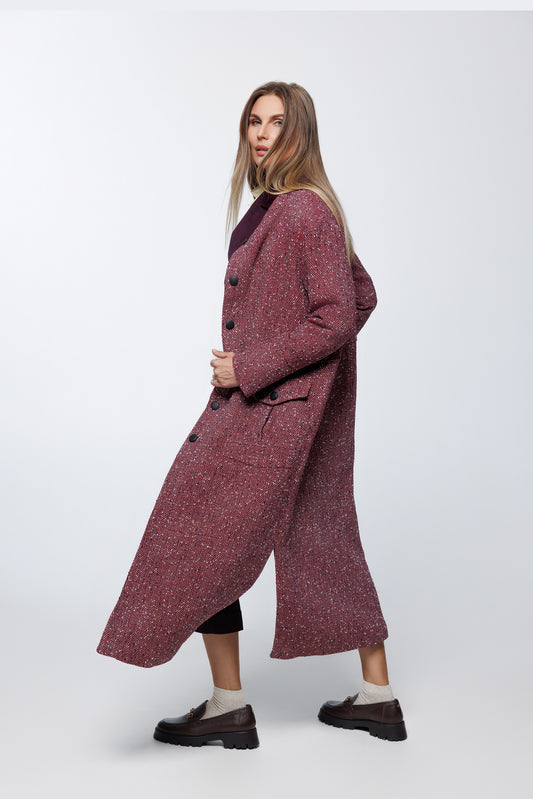 Tweed Midaxi Coat with Stand-Up Collar, Flap Patch Pockets, and Drawstring Waist