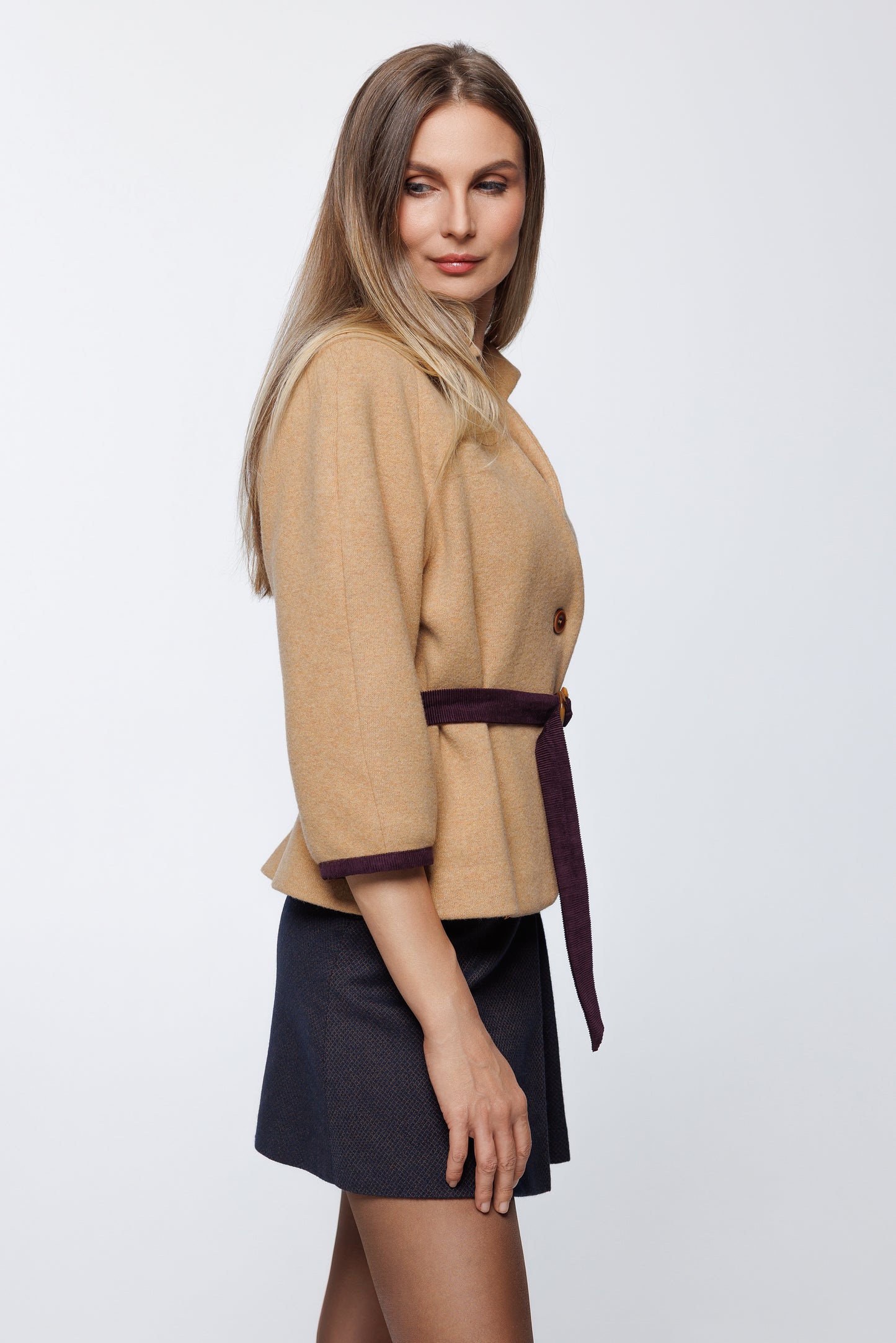 Wool Jersey Belted Jacket with Box Pleat and Contrast Corduroy Accents