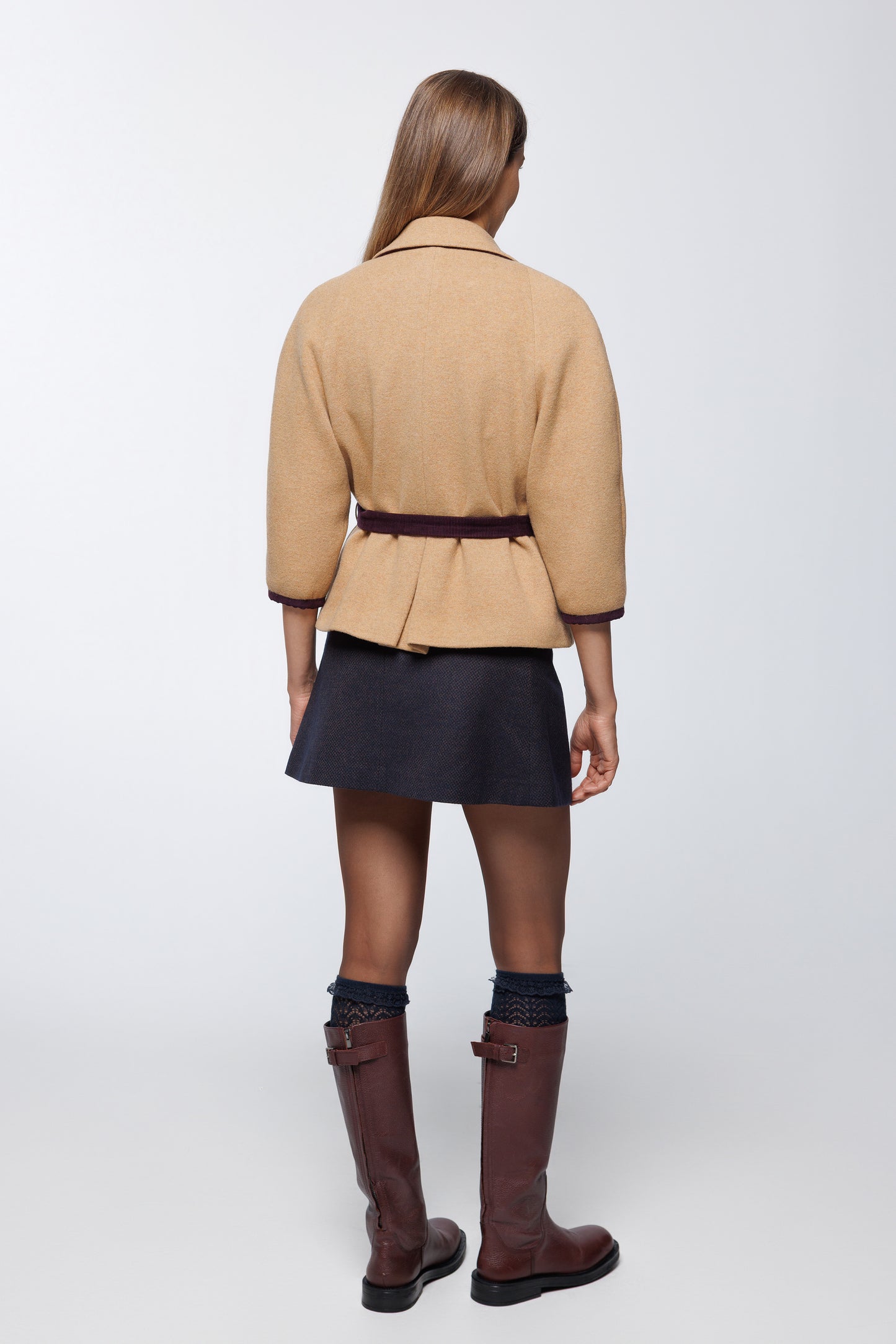 Wool Jersey Belted Jacket with Box Pleat and Contrast Corduroy Accents