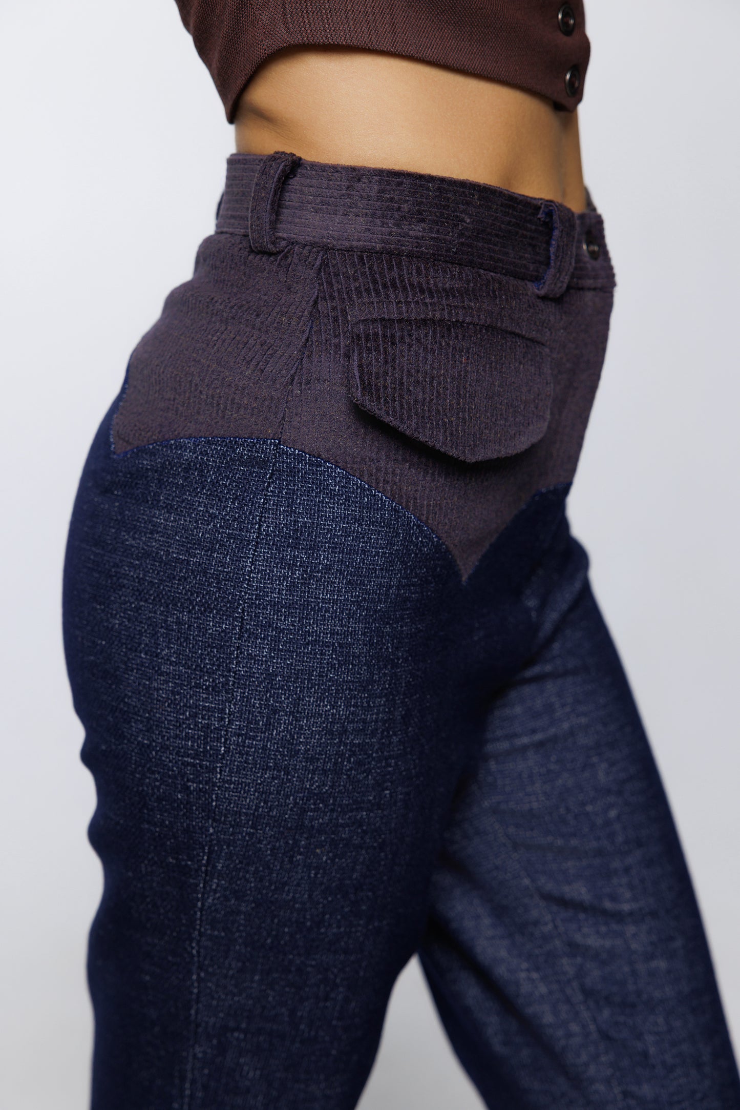 Contrast Yoke Wool Denim Straight Leg Trousers