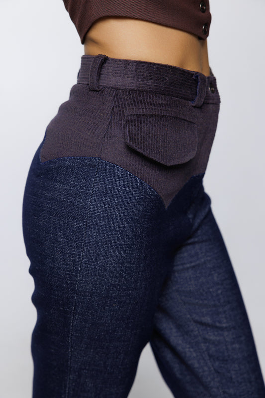 Contrast Yoke Wool Denim Straight Leg Trousers