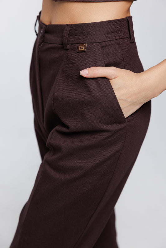 Cigarette Style Tailored Carrot-Leg Trousers in Brown Cotton Blend