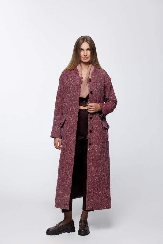 Tweed Midaxi Coat with Stand-Up Collar, Flap Patch Pockets, and Drawstring Waist