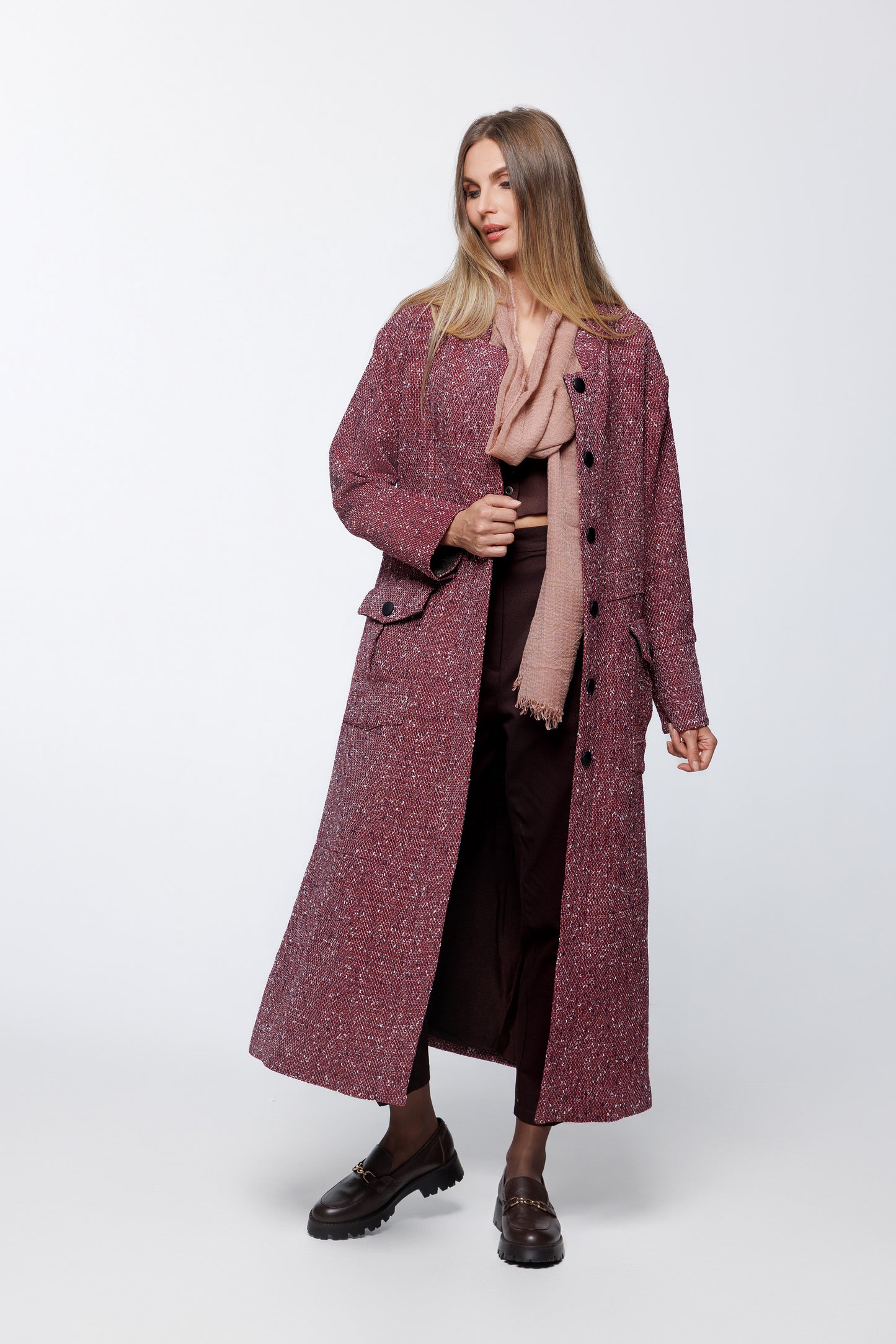 Tweed Midaxi Coat with Stand-Up Collar, Flap Patch Pockets, and Drawstring Waist