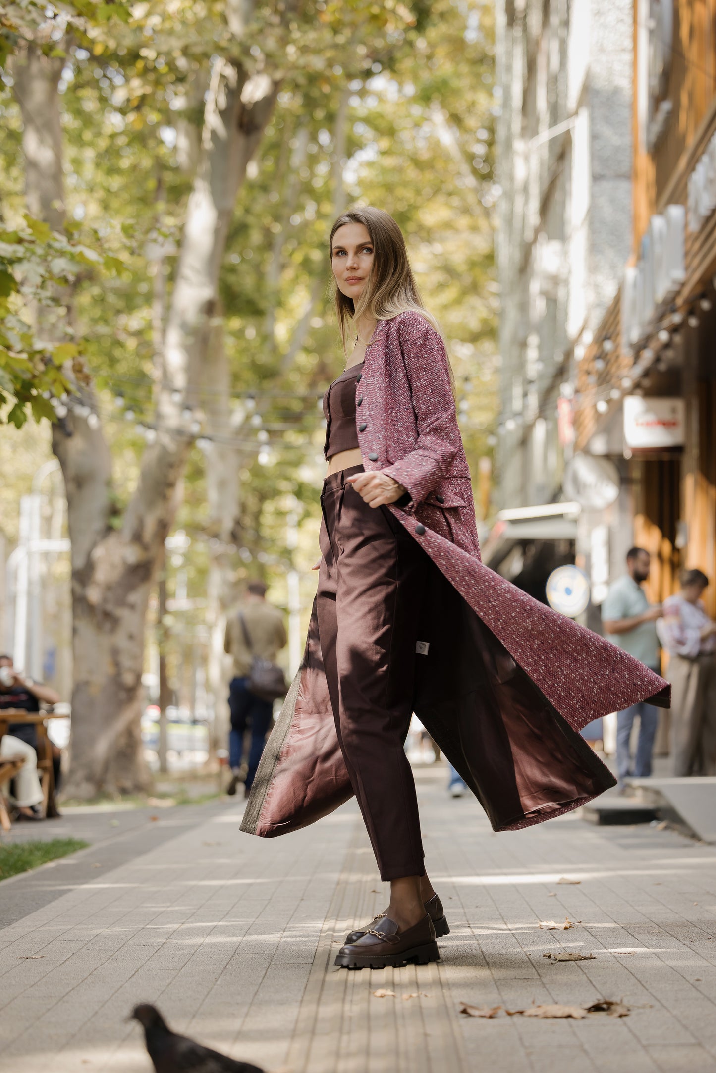 Tweed Midaxi Coat with Stand-Up Collar, Flap Patch Pockets, and Drawstring Waist