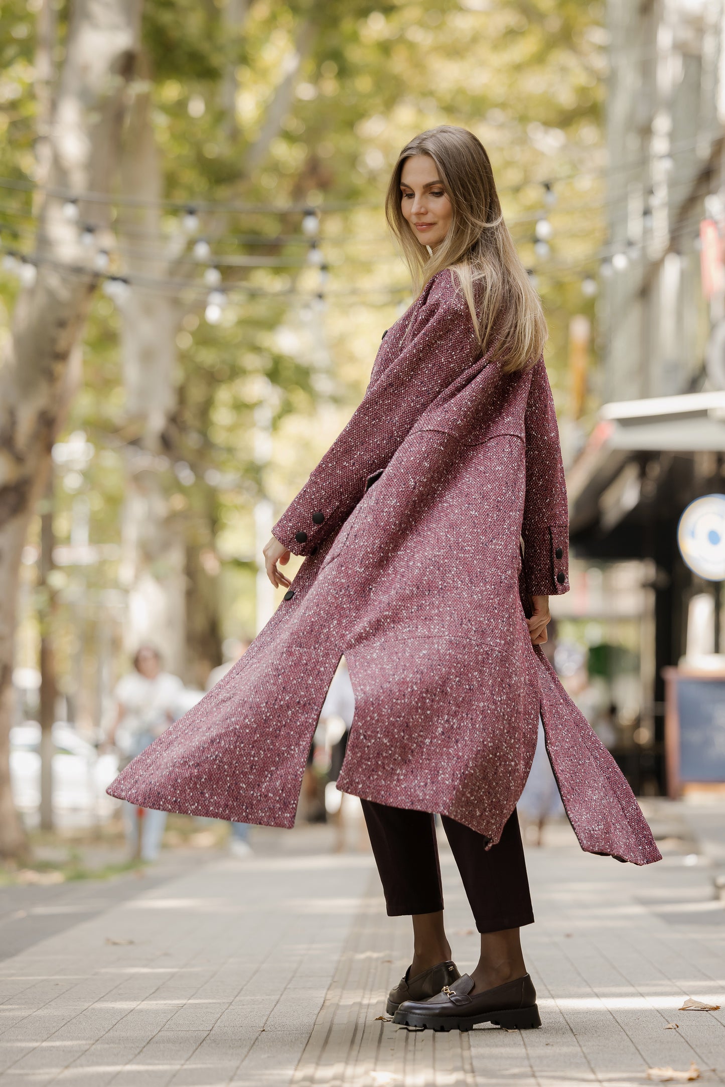 Tweed Midaxi Coat with Stand-Up Collar, Flap Patch Pockets, and Drawstring Waist