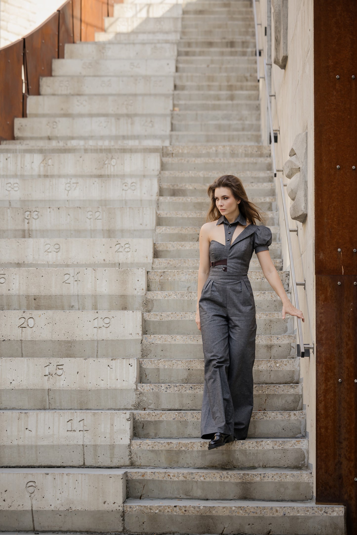 Asymmetric Cotton-Blend Wide Leg Jumpsuit in Dark Grey