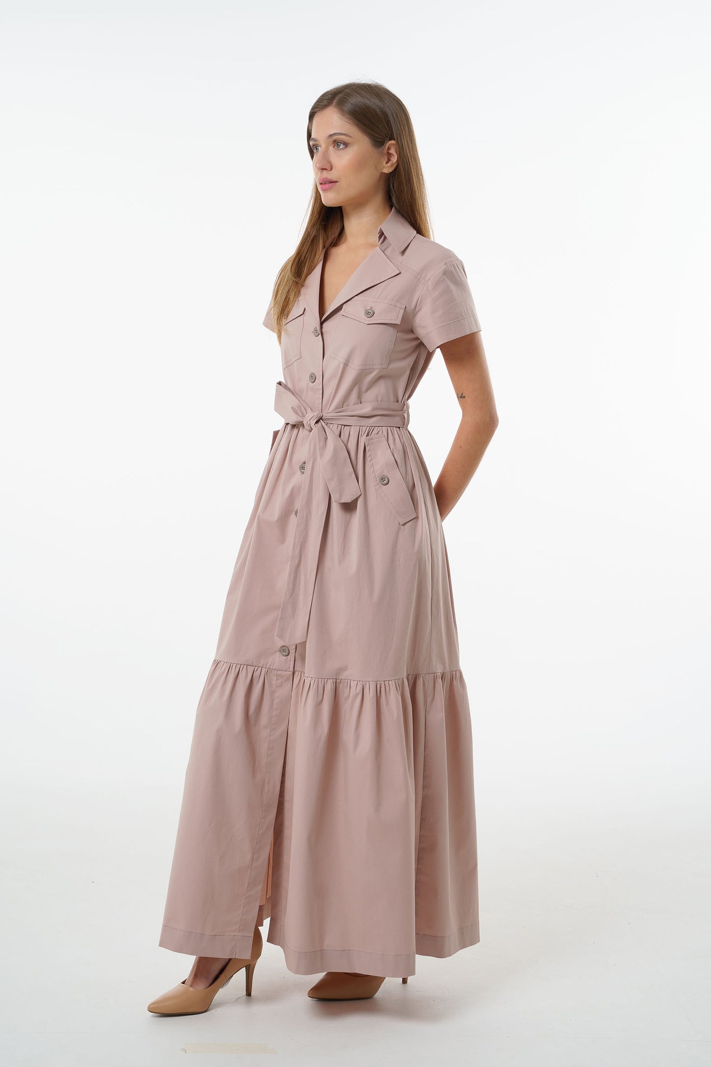 Dusty mauve cotton tiered maxi shirt-dress with button front, belted waist, and short sleeves, worn by a model, front studio view.