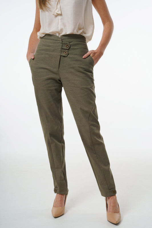 Olive high‑waisted stretch denim trousers with double‑button closure, side pockets, and cuff button accents, worn by a model, front studio shot.