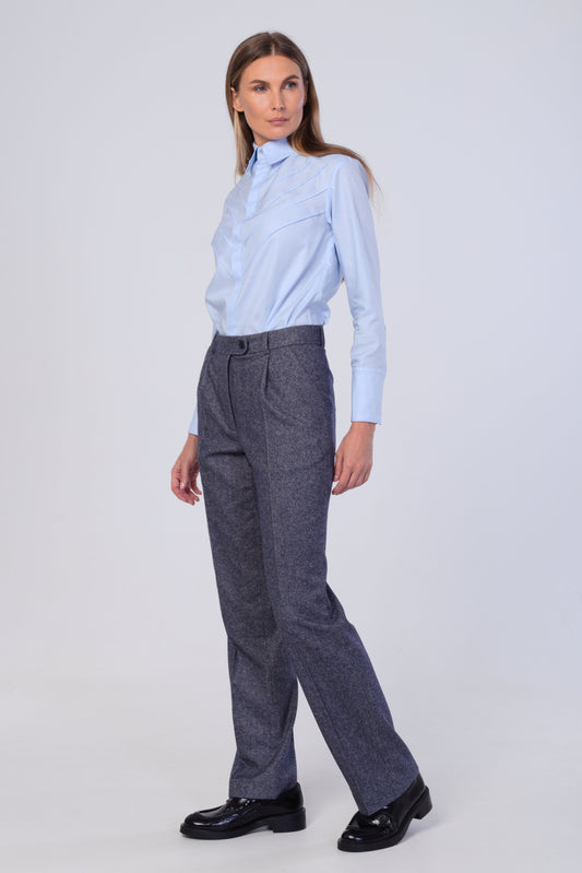 Slate Blue Straight‑Leg Wool Blend Trousers