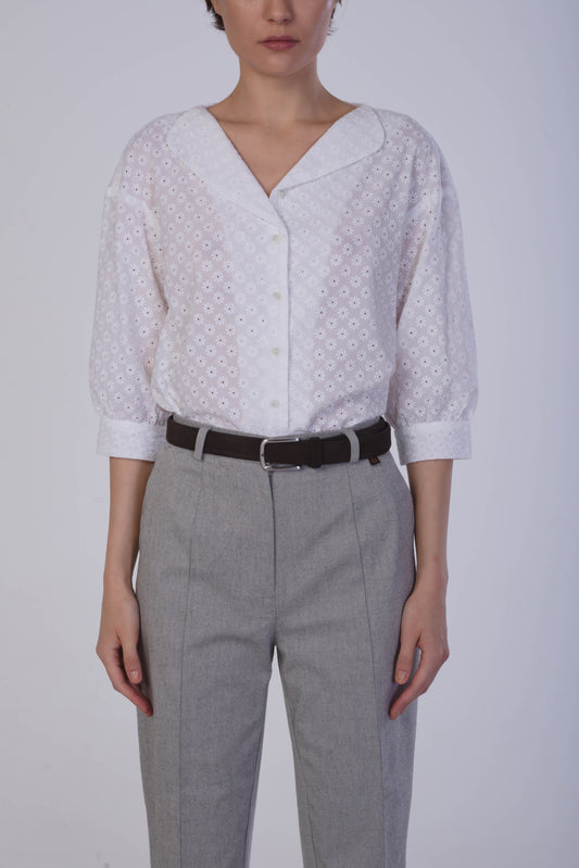 White Crochet Lapelled V‑Neck Blouse with 3/4 Sleeves