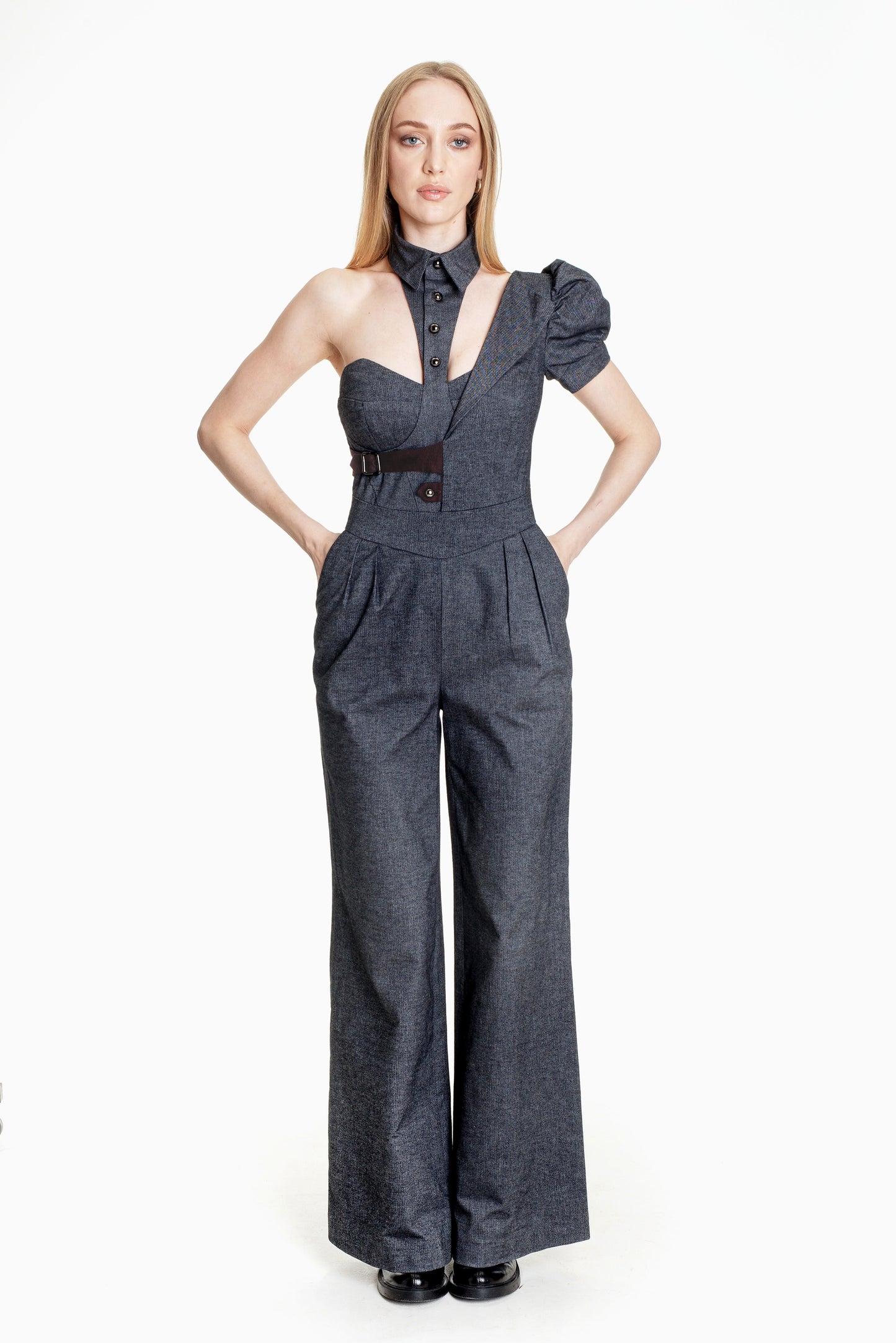 Asymmetric Cotton-Blend Wide Leg Jumpsuit in Dark Grey
