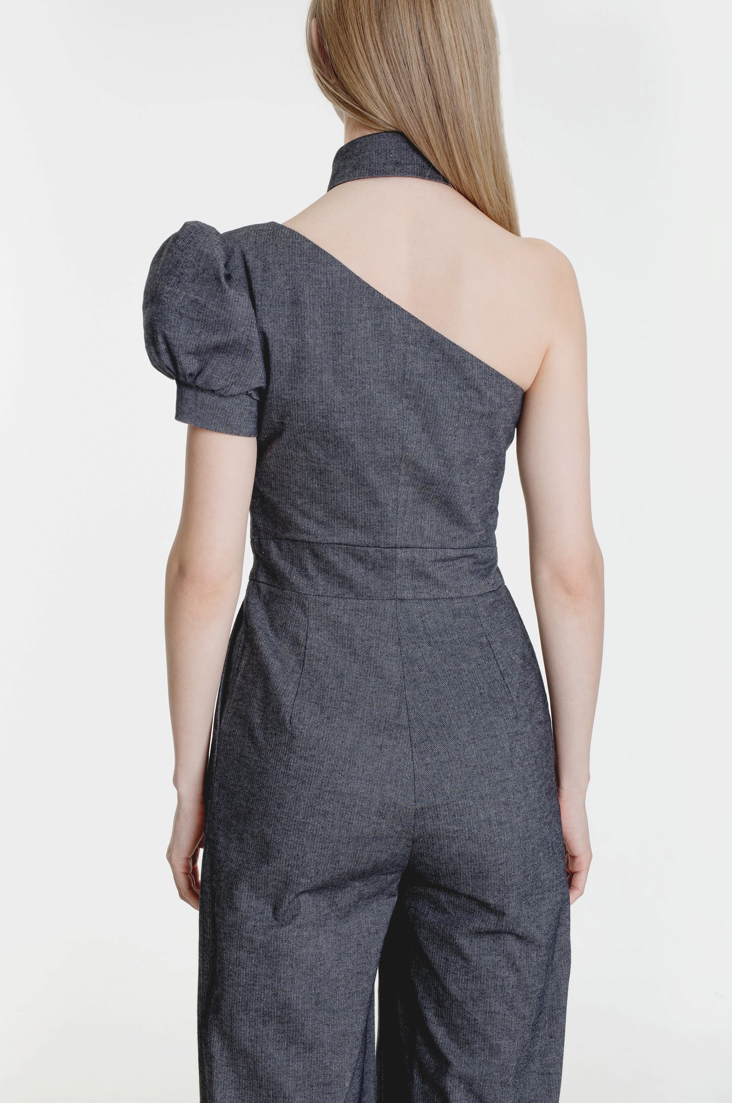 Asymmetric Cotton-Blend Wide Leg Jumpsuit in Dark Grey