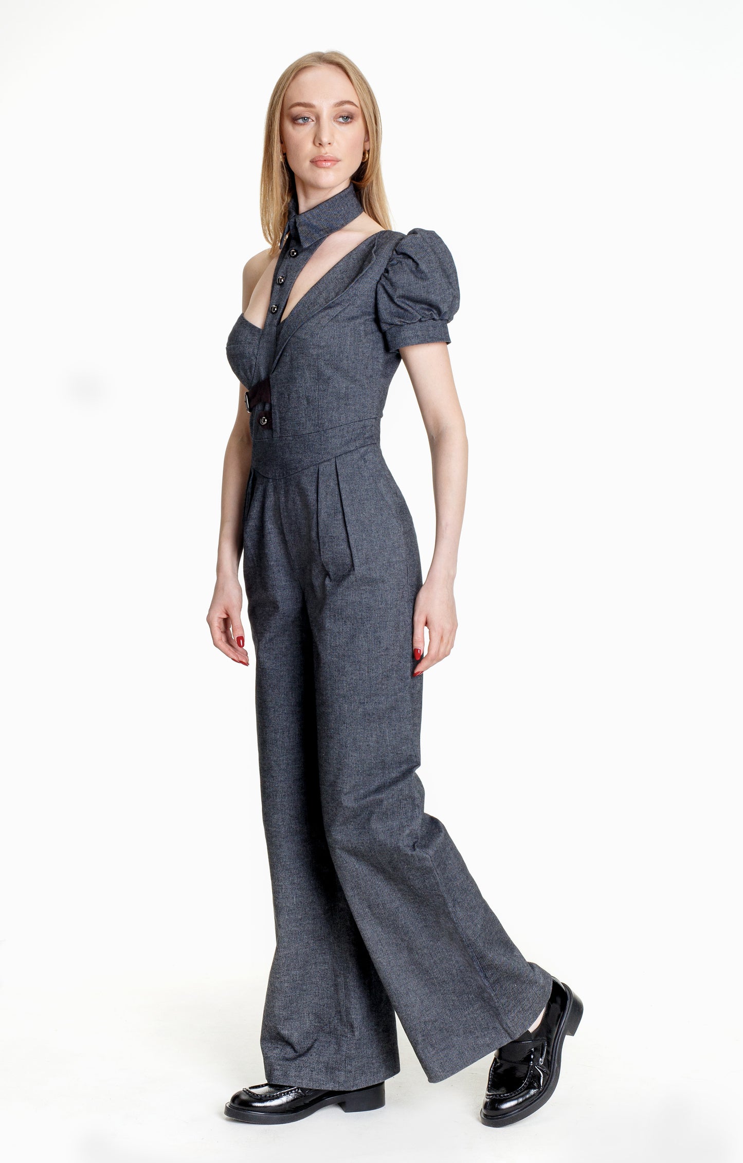 Asymmetric Cotton-Blend Wide Leg Jumpsuit in Dark Grey