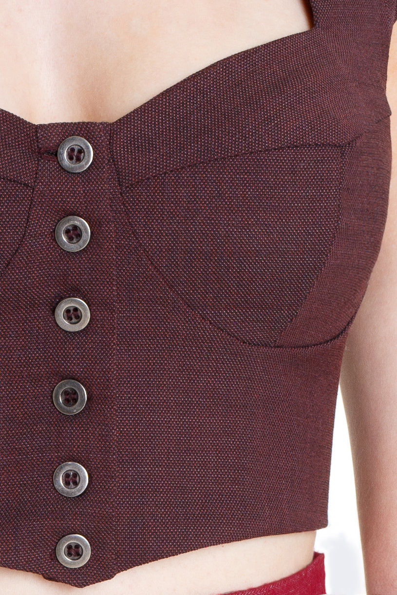 Structured Cupped Crop Top in Wool-Blend with Metallic Button Front