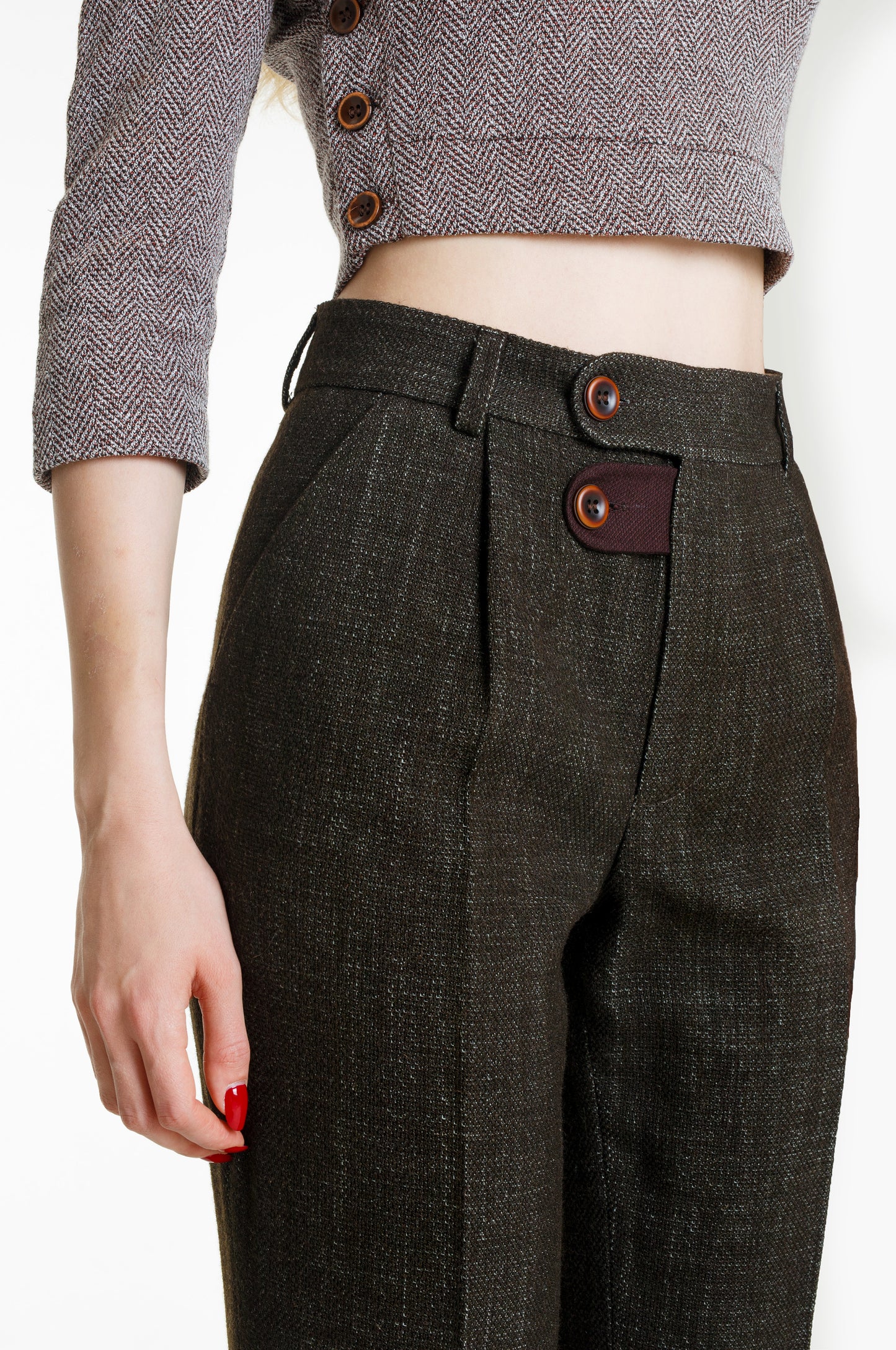 High-Waisted Wool-Cotton Blend Tailored Trousers