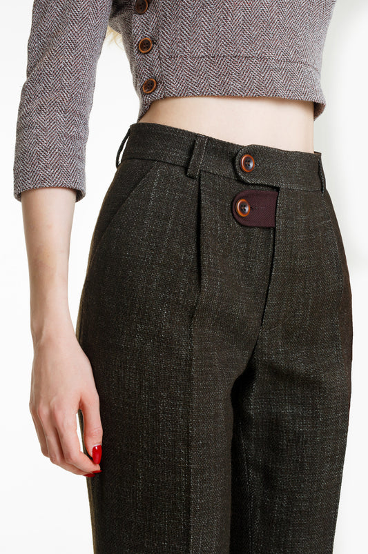 Tailored  High-Waisted Wool-Cotton Blend Straight Leg Trousers
