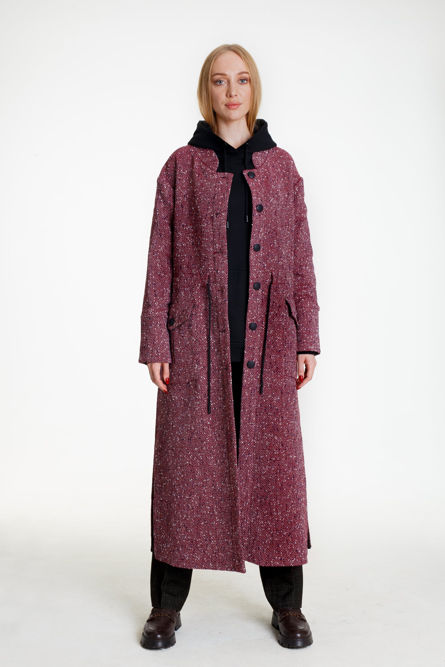 Tweed Midaxi Coat with Stand-Up Collar, Flap Patch Pockets, and Drawstring Waist