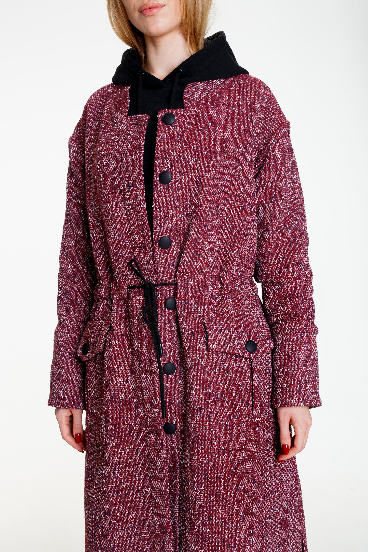 Tweed Midaxi Coat with Stand-Up Collar, Flap Patch Pockets, and Drawstring Waist
