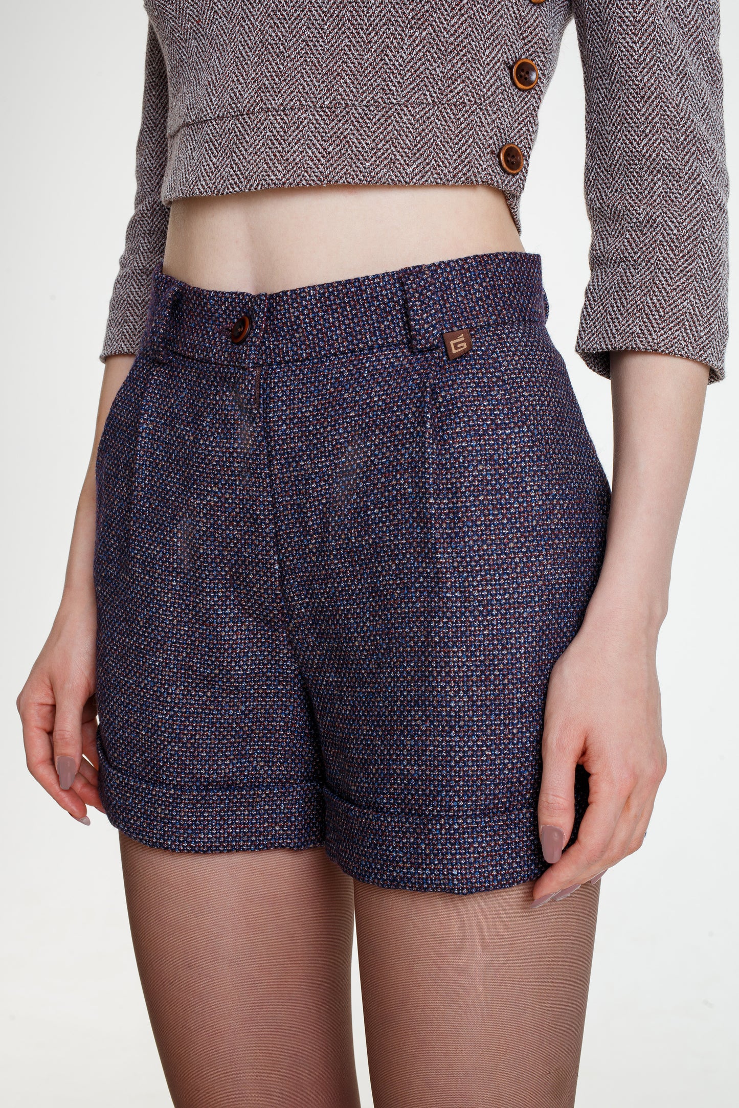 Structured Multicolor Wool Blend Shorts With Turn Back Cuffs